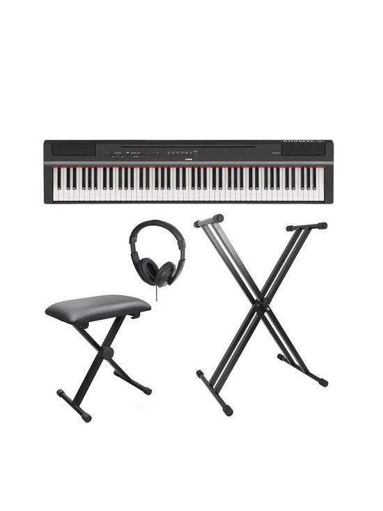 front image of yamaha-p-125-digital-piano-with-stand-bench-headphones-and-online-lessons