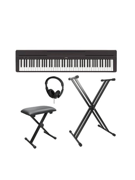 front image of yamaha-p45-compact-p-series-digital-piano-with-stand-bench-headphones-and-online-lessons
