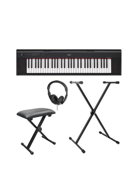 front image of yamaha-piaggero-np12-electronic-keyboard-with-stand-bench-headphones-and-online-lessons