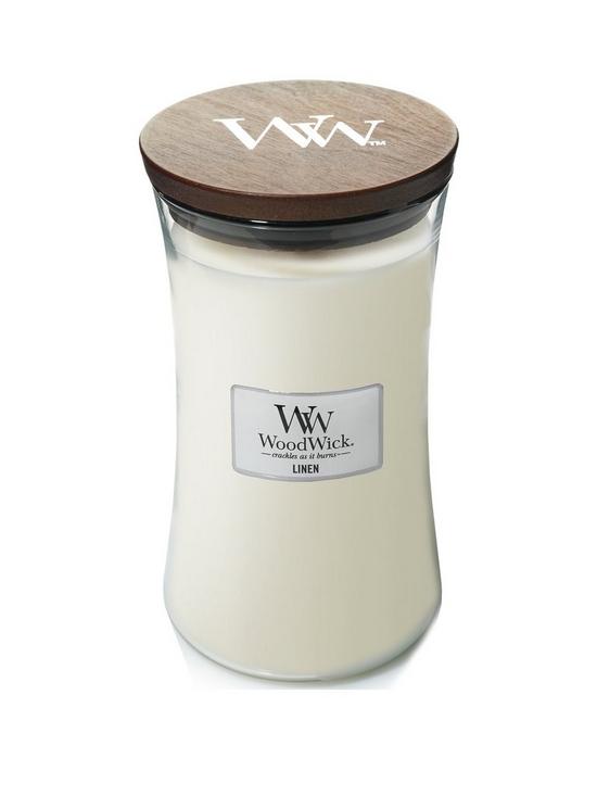 front image of woodwick-large-hourglass-candle-ndash-linen