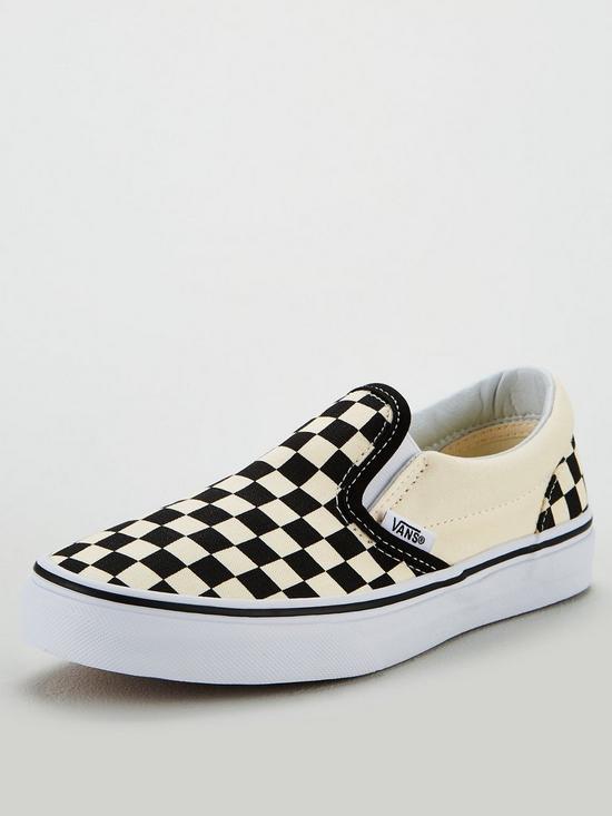 front image of vans-checkerboard-classic-slip-on-plimsolls-blackwhite