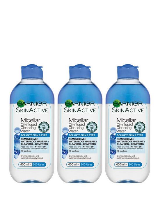 front image of garnier-micellar-oil-infused-cleansing-water-delicate-skin-and-eyes-400ml-3-pack