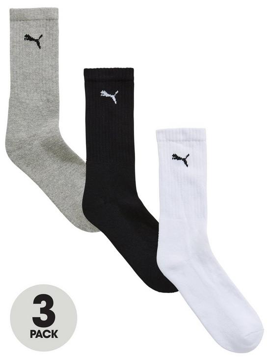 front image of puma-3-pack-sport-socks-whiteblackgrey