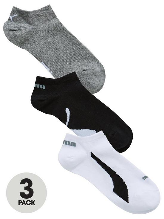 front image of puma-3-pack-lifestyle-no-show-socks-whiteblackgrey