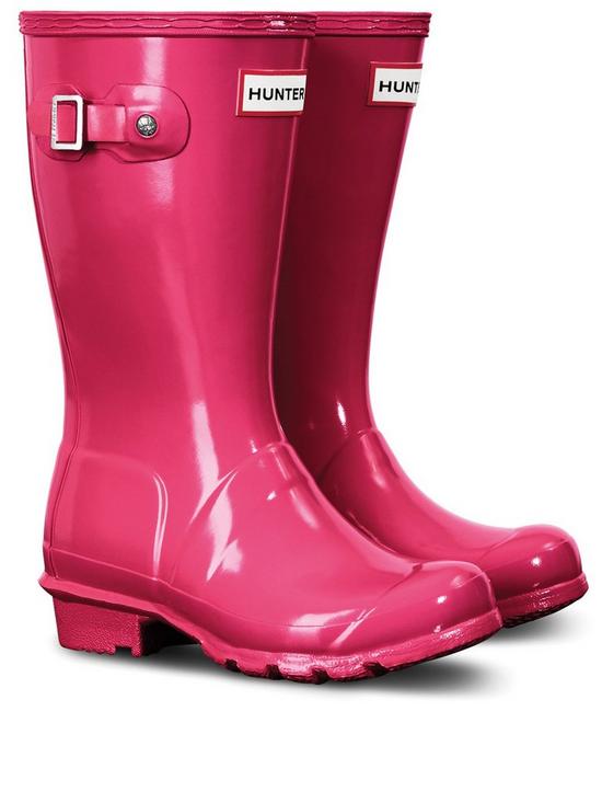 front image of hunter-original-kids-gloss-wellington-boots-bright-pink