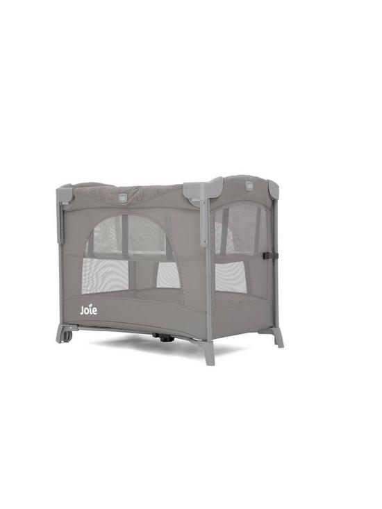 front image of joie-baby-kubbie-sleep-travel-cot-foggy-grey
