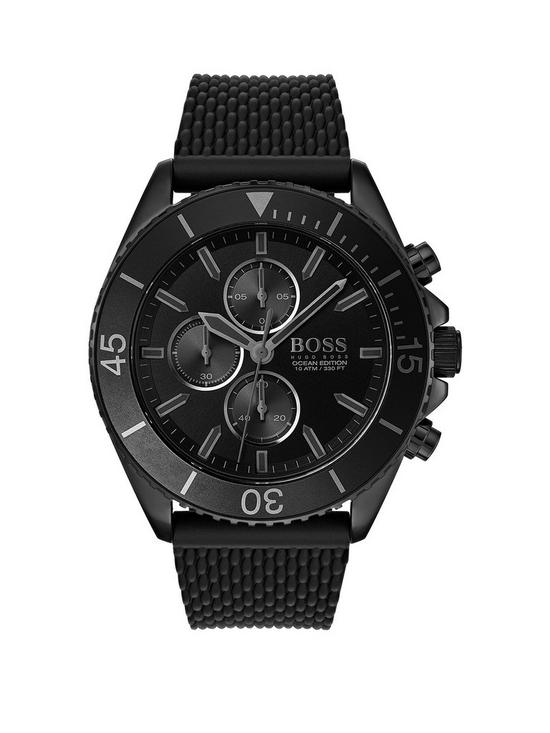 front image of boss-ocean-edition-black-chronograph-dial-black-silicone-strap-mens-watch