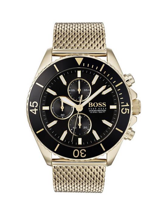 front image of boss-ocean-edition-black-and-gold-detail-chronograph-dial-gold-mesh-stainless-steel-braceletnbspmens-watch