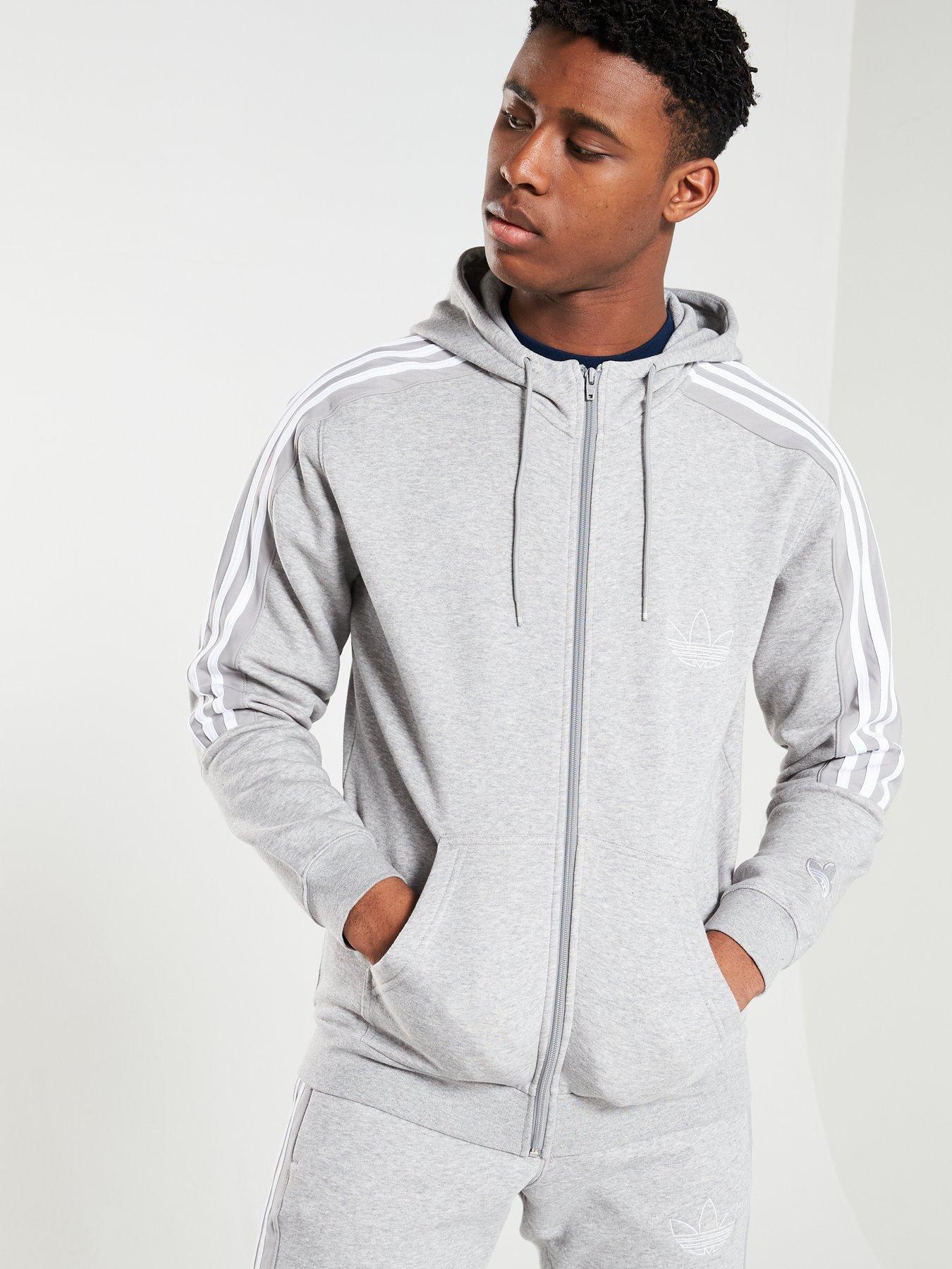 adidas originals three stripe zip thru hoodie in grey