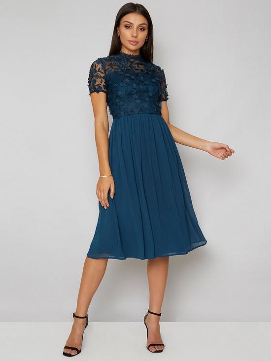 front image of chi-chi-london-veronica-lace-top-midi-dress-green