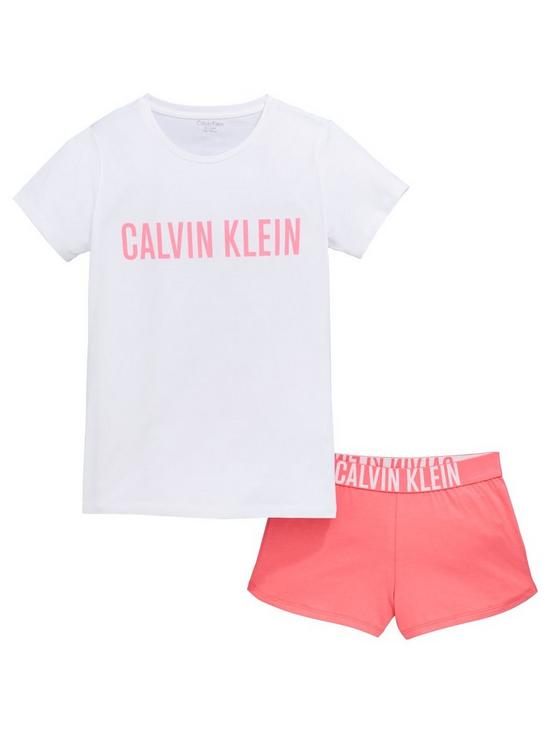 front image of calvin-klein-girls-shorty-pyjama-set-pinkwhite