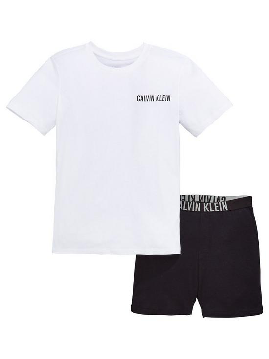 front image of calvin-klein-boys-shorty-pyjama-set-whiteblack