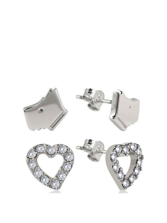 front image of radley-sterling-silver-dog-and-crystal-set-heart-ladies-earrings-set