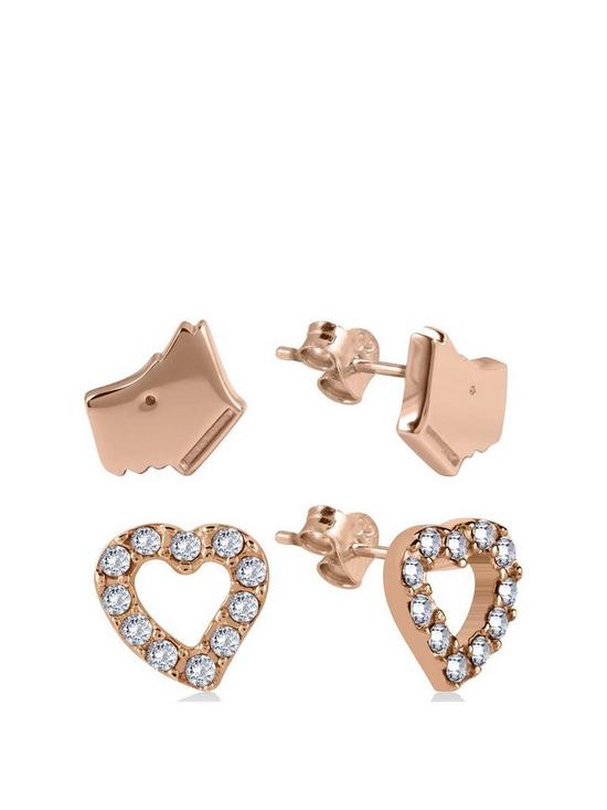 front image of radley-18k-rose-gold-plated-sterling-silver-dog-and-crystal-set-heart-ladies-earrings-set
