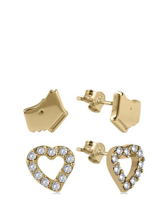 front image of radley-18-carat-gold-plated-sterling-silver-dog-and-crystal-set-heart-ladies-earrings-set