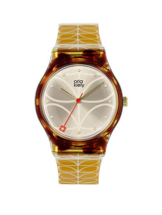 front image of orla-kiely-bobby-champagne-and-tortoise-shell-dial-gold-stem-print-silicone-strap-ladies-watch
