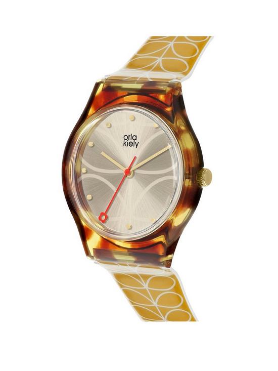 stillFront image of orla-kiely-bobby-champagne-and-tortoise-shell-dial-gold-stem-print-silicone-strap-ladies-watch