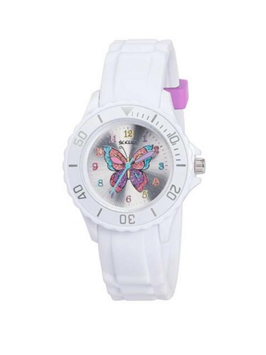 front image of tikkers-silver-sunray-butterfly-print-dial-white-silicone-strap-kids-watch