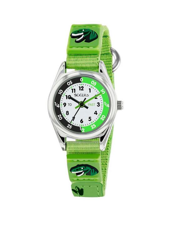 front image of tikkers-white-green-and-black-dial-green-dinosaur-velcro-strap-kids-watch
