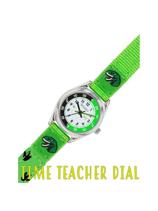 stillFront image of tikkers-white-green-and-black-dial-green-dinosaur-velcro-strap-kids-watch