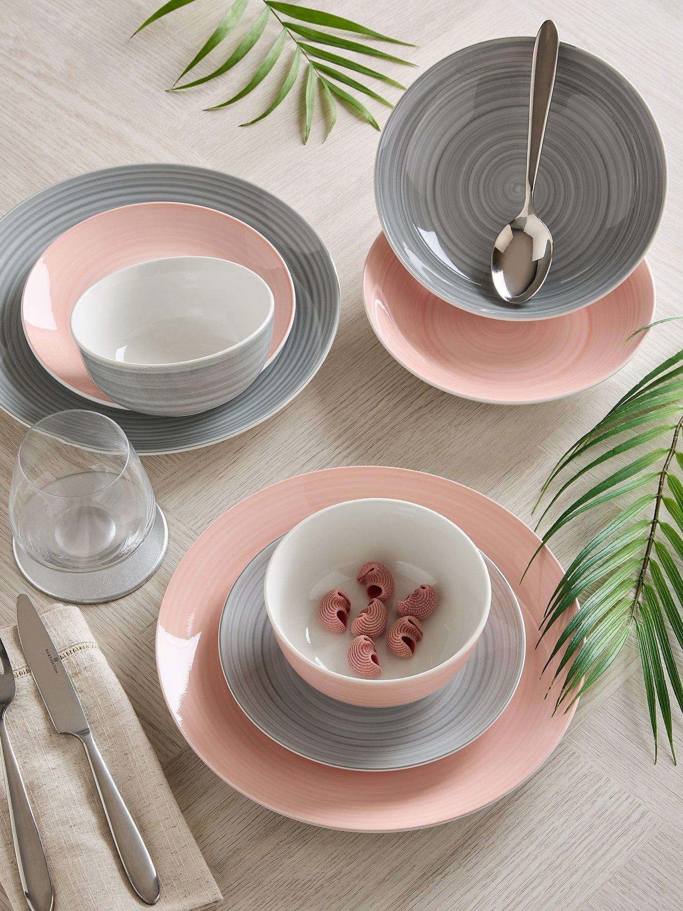 WATERSIDE Pink and Grey Spin Wash Dinner Service - 24-Piece Set