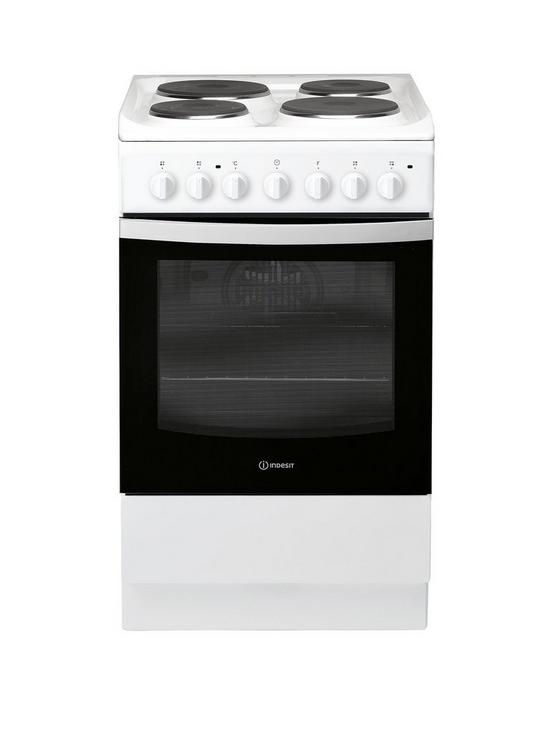 front image of indesit-is5e4khw-50cm-electric-solid-plate-single-oven-cooker-white