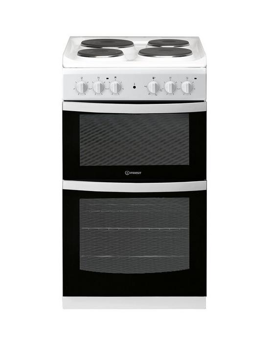front image of indesit-id5e92kmw-50cm-widenbspelectric-solid-platenbsptwin-cavity-single-oven-electricnbspcooker-white
