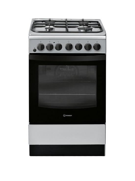 front image of indesit-is5g4phss-50cm-dual-fuel-single-oven-cooker-stainless-steel