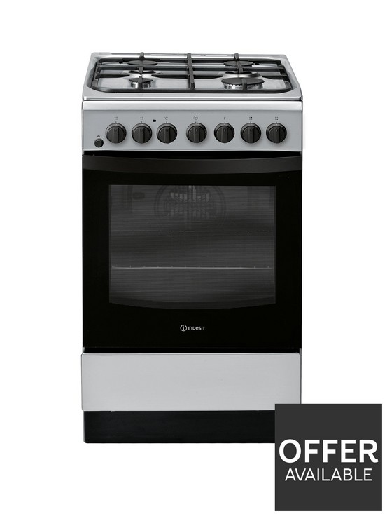 front image of indesit-is5g4phss-50cm-dual-fuel-single-oven-cooker-stainless-steel
