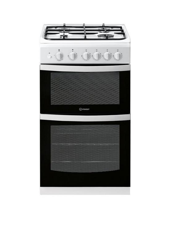 front image of indesit-id5g00kmw-50cm-widenbsptwin-cavity-single-oven-gasnbspcooker-white