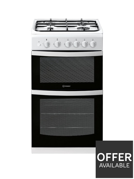 front image of indesit-id5g00kmw-50cm-widenbsptwin-cavity-single-oven-gasnbspcooker-white