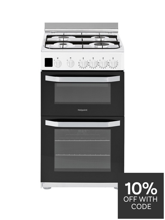 front image of hotpoint-hd5g00ccw-50cmnbspwide-gas-double-oven-cooker-white