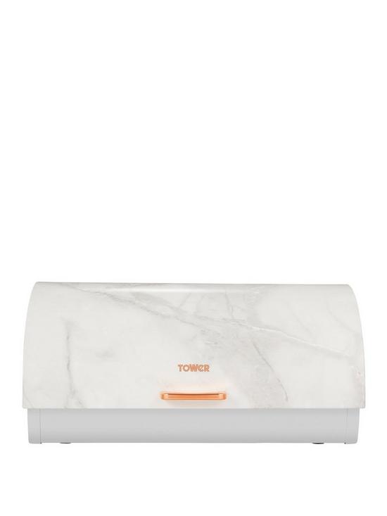 front image of tower-marble-rose-gold-edition-roll-top-bread-bin