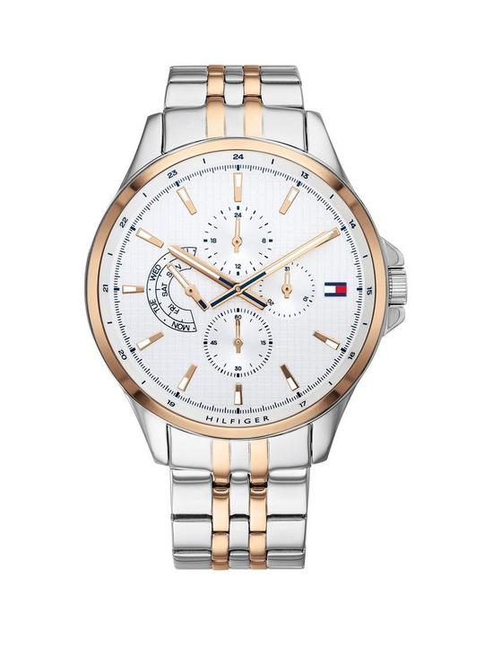 front image of tommy-hilfiger-silver-and-carnation-gold-chronograph-dial-two-tone-stainless-steel-bracelet-mens-watch