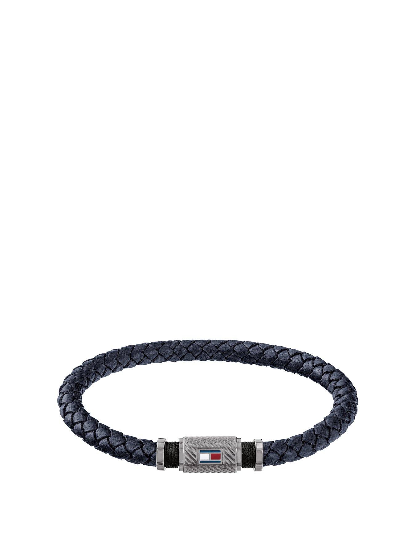 tommy hilfiger mens black leather bracelet