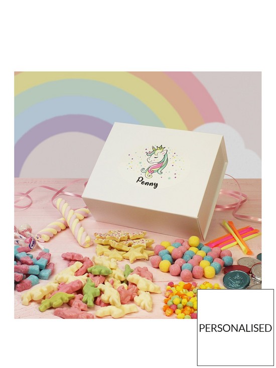 front image of personalised-unicorn-retro-sweets-box