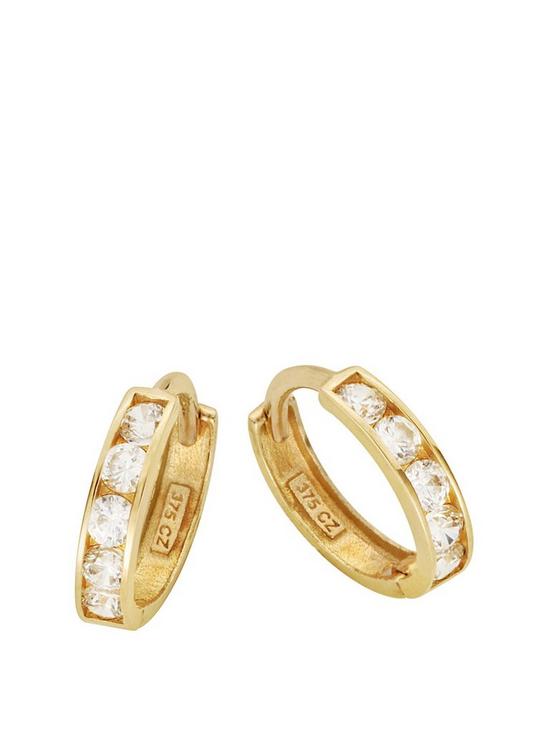 front image of love-gold-9ct-gold-cubic-zirconia-mini-huggie-hoop-earrings