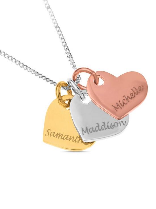 back image of the-love-silver-collection-personalised-gold-plated-sterling-silver-tri-colour-hearts-pendant-necklace