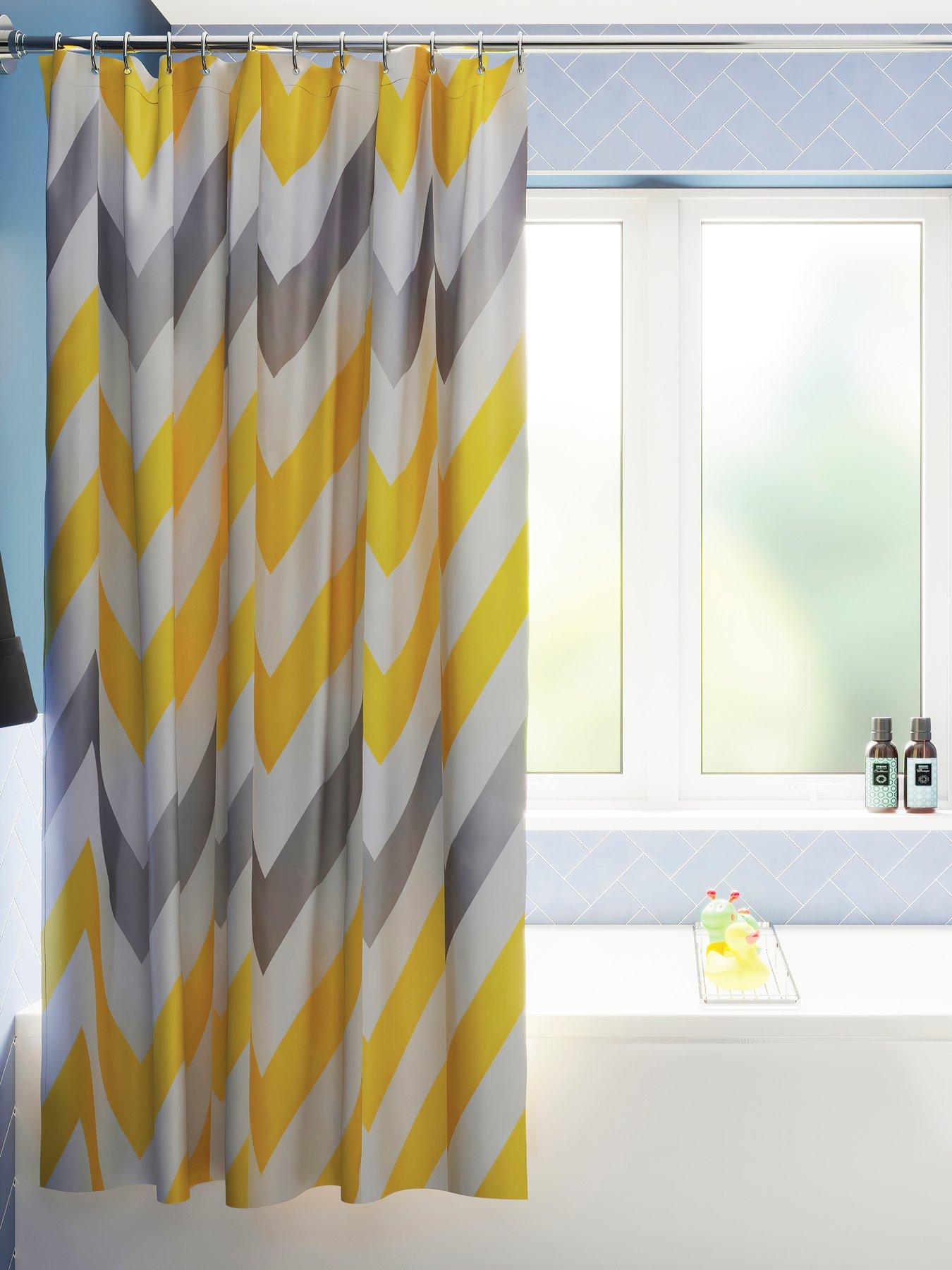 Croydex Chevron Textile Shower Curtain – Yellow, Grey and White