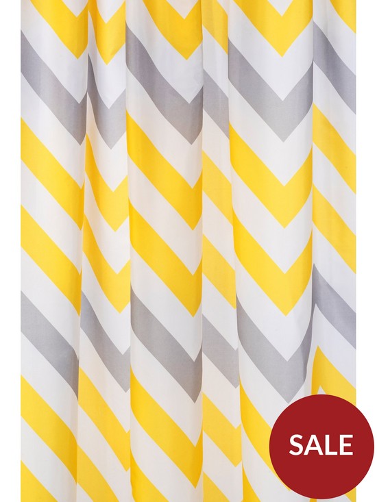 stillFront image of croydex-chevron-textile-shower-curtain-ndash-yellow-grey-and-white