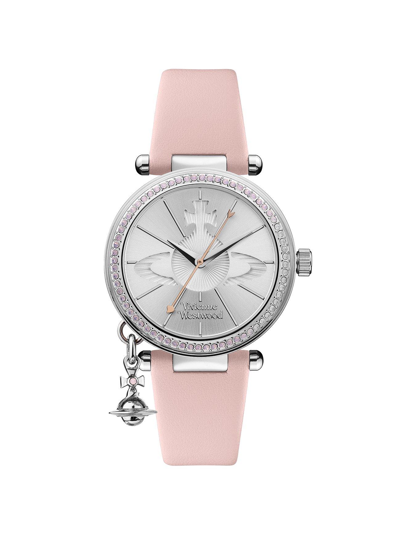 Vivienne Westwood Orb Pastelle Silver Crystal Set Dial with Orb Charm Pink Leather Strap Ladies Watch