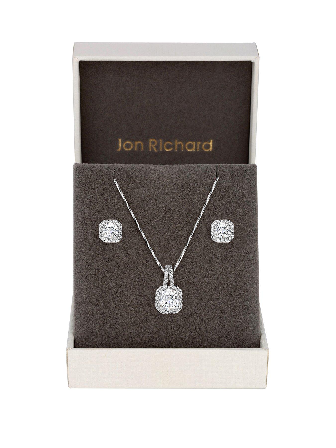 Jon Richard Silver Plated Crystal Square Halo Pendant and Earrings