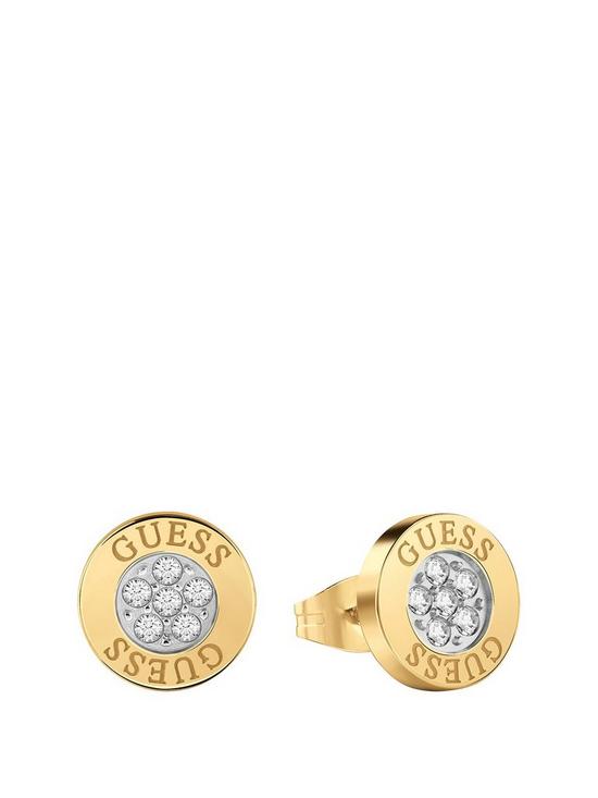 front image of guess-love-knot-gold-crystal-set-logo-ladies-stud-earrings
