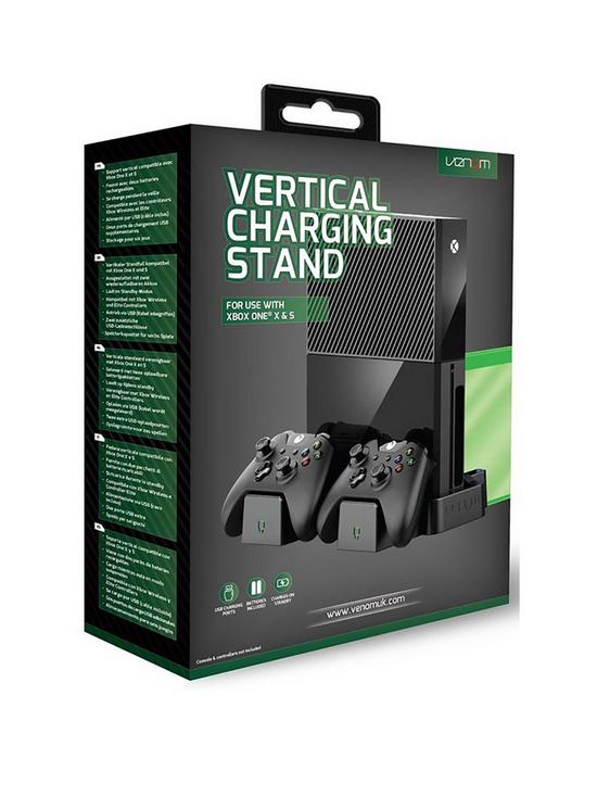 front image of venom-xbox-one-black-vertical-charging-stand-with-rechargeable-battery-twin-pack