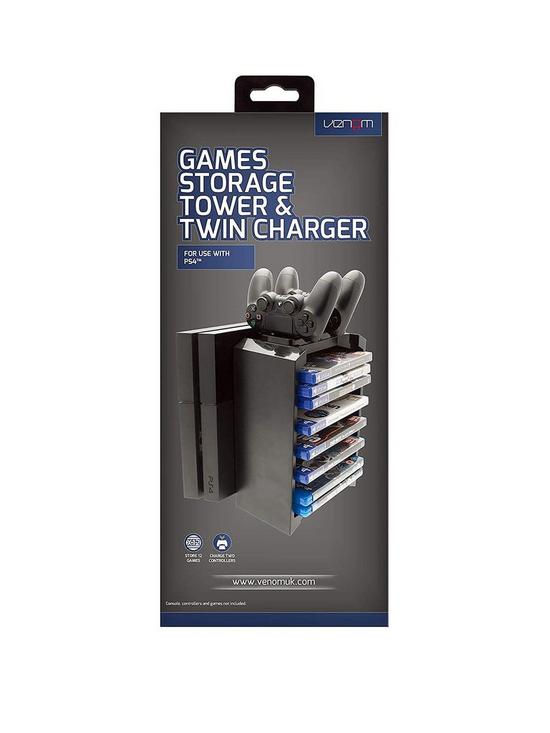 front image of venom-ps4-games-storage-tower-and-twin-charger