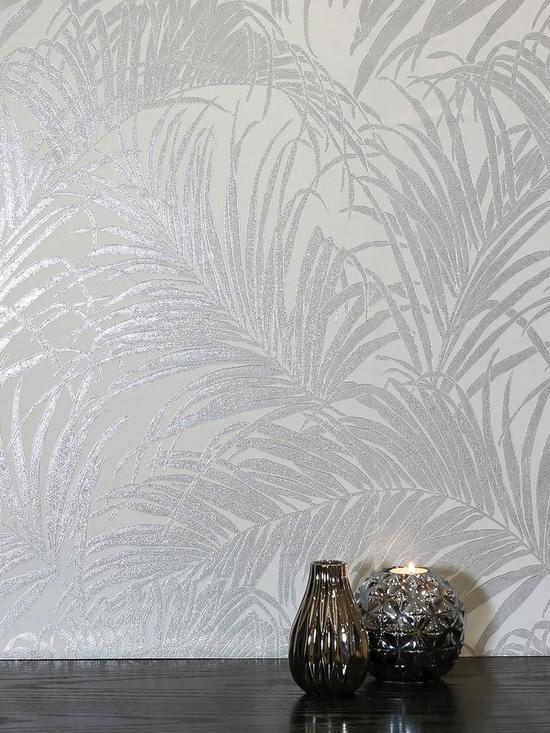 detail image of arthouse-kiss-foil-palm-leaf-wallpaper-ndash-silver-grey