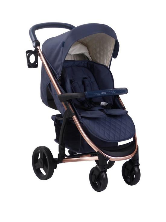 front image of my-babiie-billie-faiers-mb200-rose-gold-navy-pushchair