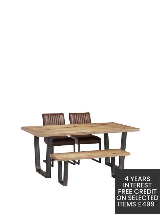 front image of julian-bowen-brooklyn-180-cm-metal-and-solid-oak-dining-table-2-chairs-bench