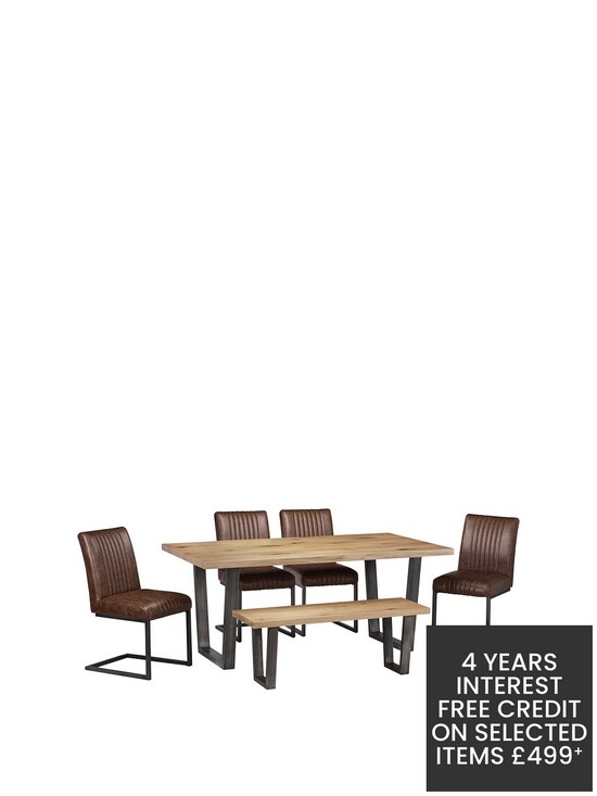 front image of julian-bowen-brooklyn-180-cm-solid-oak-and-metal-table-4-chairs-bench