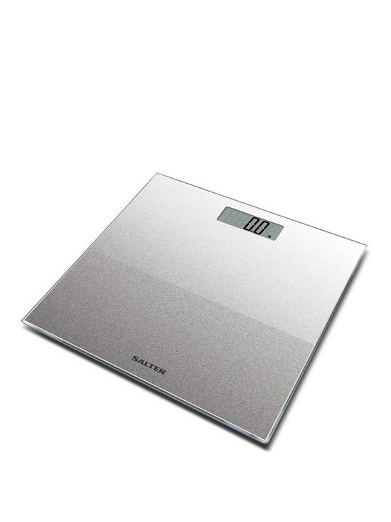 front image of salter-silver-glitter-electronic-personal-bathroom-scale
